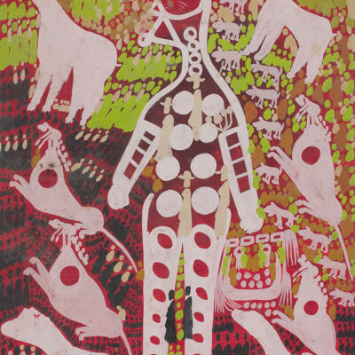 Uomo, cani, topi e figure bianche a cerchi su sfondo rosso