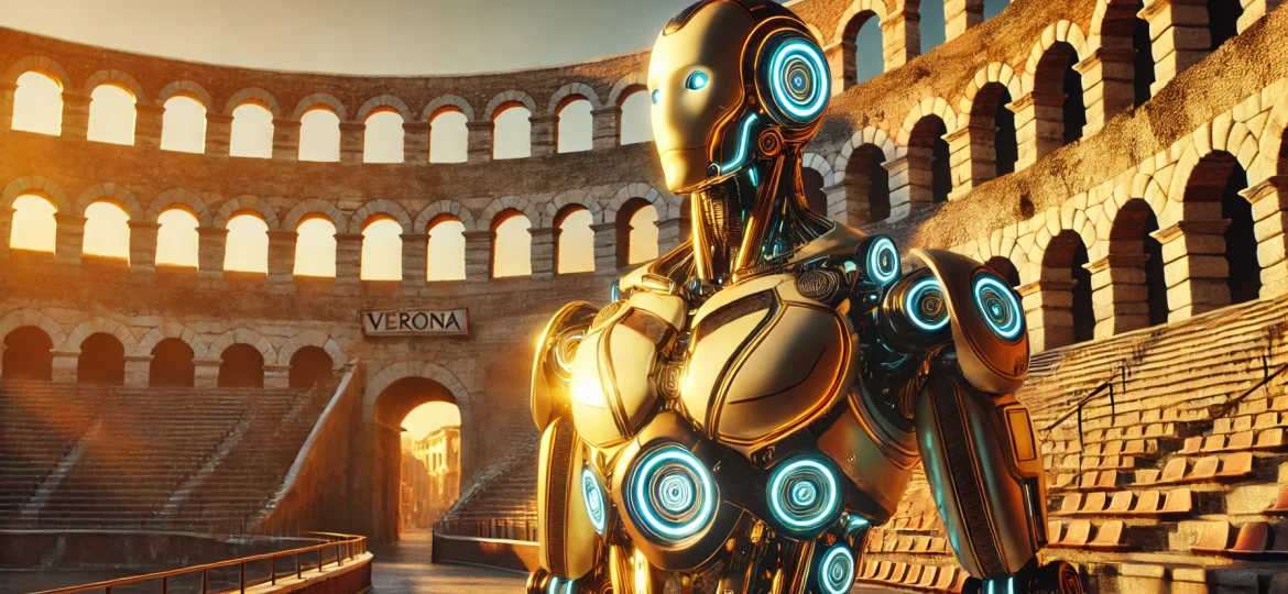 DALL·E 2025-02-27 10.29.49 - A futuristic humanoid robot with a sleek, golden and metallic design standing in an ancient Roman-style arena, illuminated by warm sunlight. The robot
