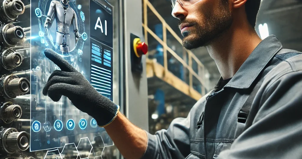 DALL·E 2025-03-17 12.02.32 - A highly realistic close-up image of a worker in an Italian factory using AI-powered technology. The worker, dressed in industrial attire, is interact