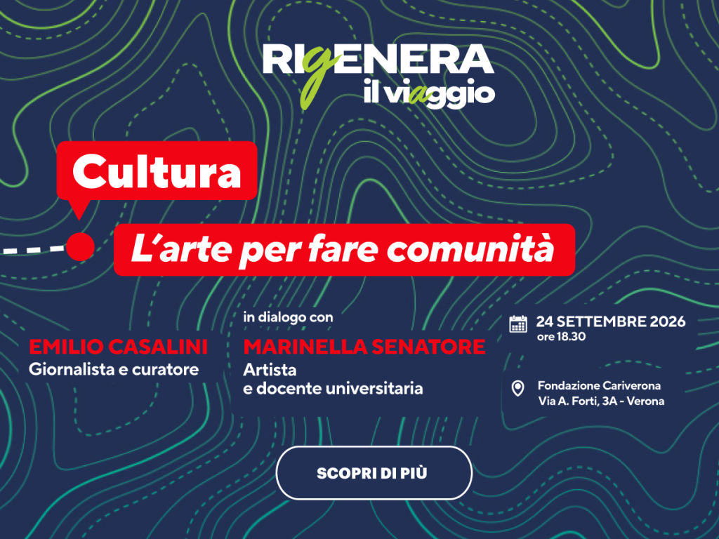 Giovedì 24 settembre alle 18.30, nella sede della Fondazione, Marinella Senatore dialoga con Emilio Casalini sul ruolo dell’arte nei processi di partecipazione, attivazione e rigenerazione dei territori. Durante la serata sarà presentato anche “La forma dello spazio”, il nuovo progetto culturale che da ottobre vedrà l’artista protagonista a Verona
