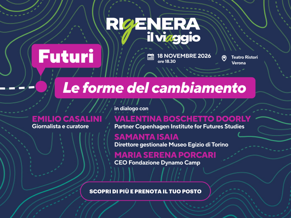 Mercoledì 18 novembre alle 18.30 la Fondazione presenta l'appuntamento conclusivo di RIGENERA – il viaggio, il ciclo di incontri curato da Emilio Casalini. Protagoniste della serata Valentina Boschetto Doorly, Samanta Isaia e Maria Serena Porcari, per un confronto sulle trasformazioni che possiamo contribuire a generare. In programma anche un'anteprima del Documento di programmazione 2027